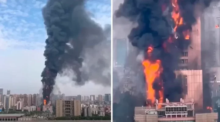 Incêndio de grandes proporções atinge arranha-céu na China